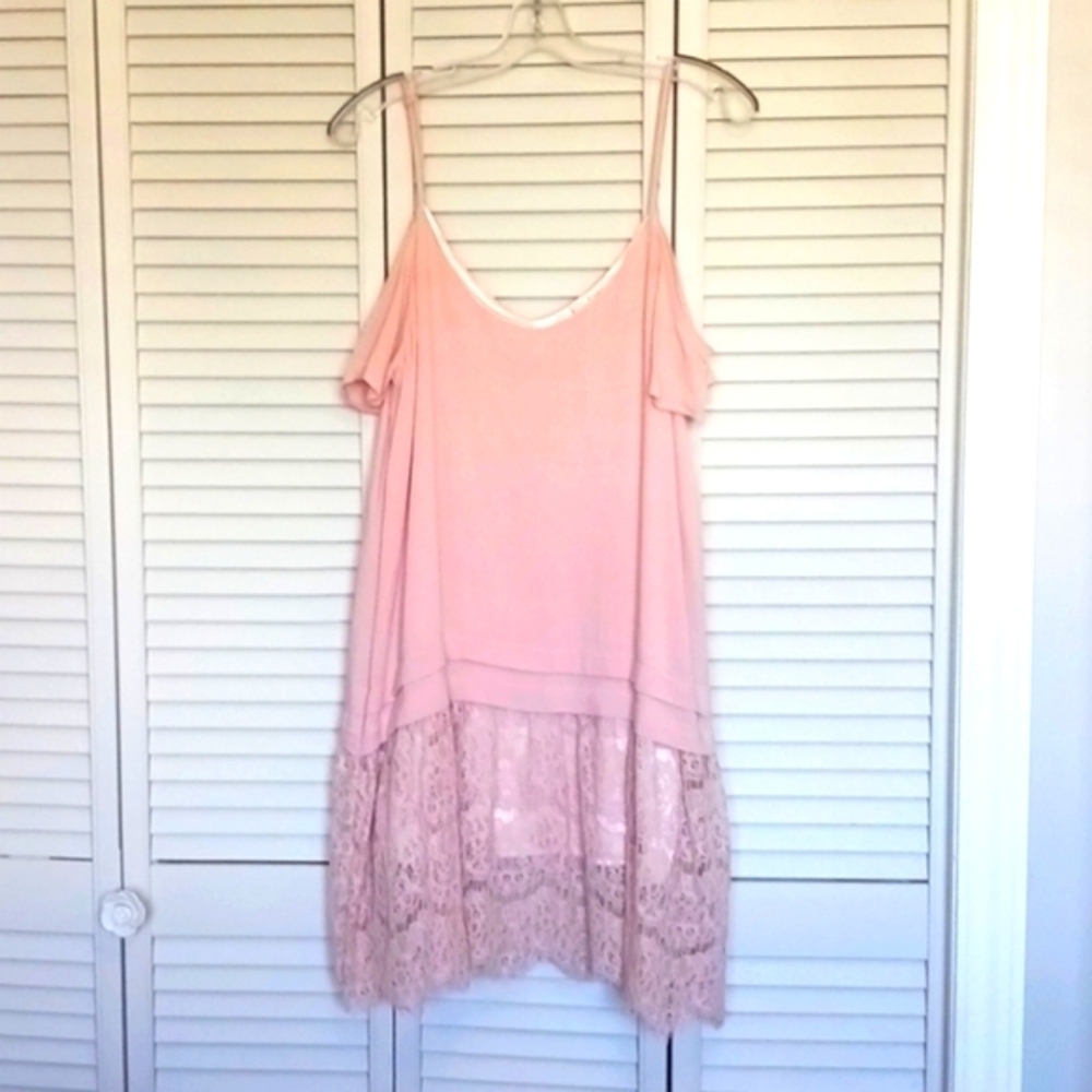 𝅺Elodie Blush Pink Prairie Boho Cottagecore Drop Waist Lace Hem Dress, Size L